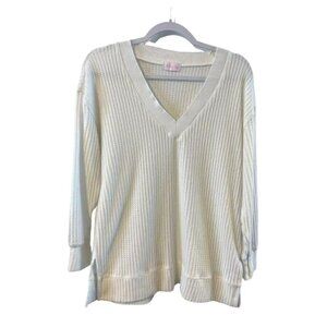 Pink Lily Womens VNeck Waffle Knit long sleeve lightweight White S longline soft